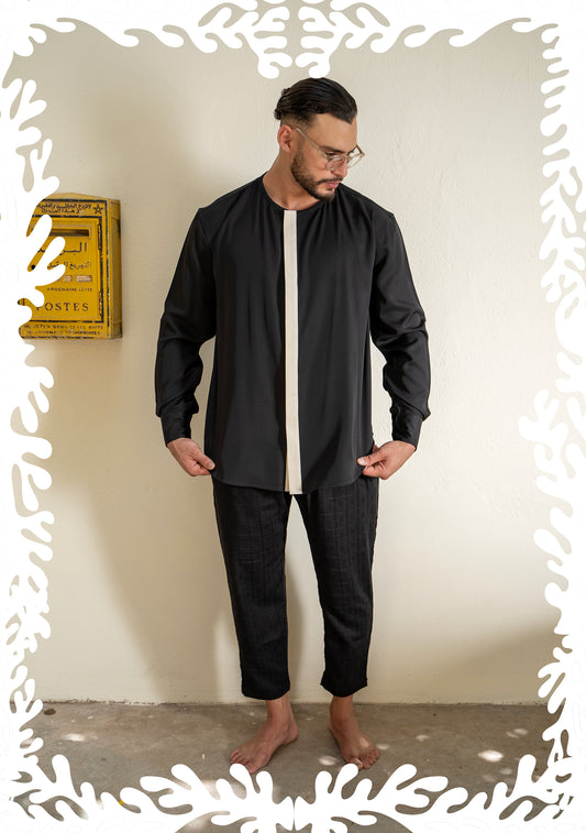 COLLARLESS STRIP SHIRT