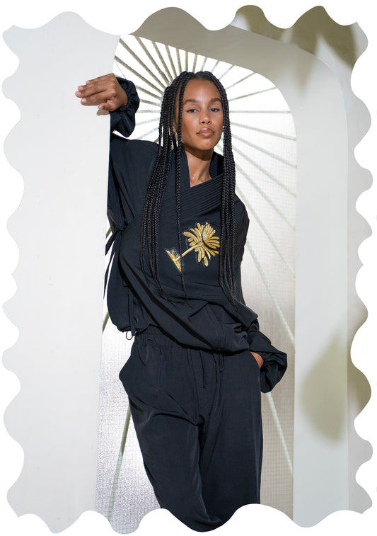 CREPE KIMONO BOMBER _ Palm Embroidery