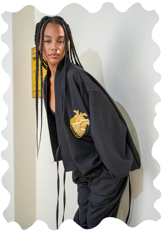 CREPE KIMONO BOMBER _ Gold Heart Embroidery