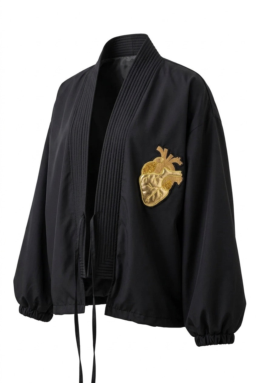 CREPE KIMONO BOMBER _ Gold Heart Embroidery